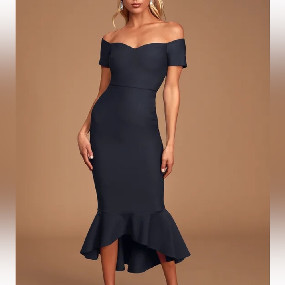 How Much I Care Midnight Blue Off-the-Shoulder Midi Dress